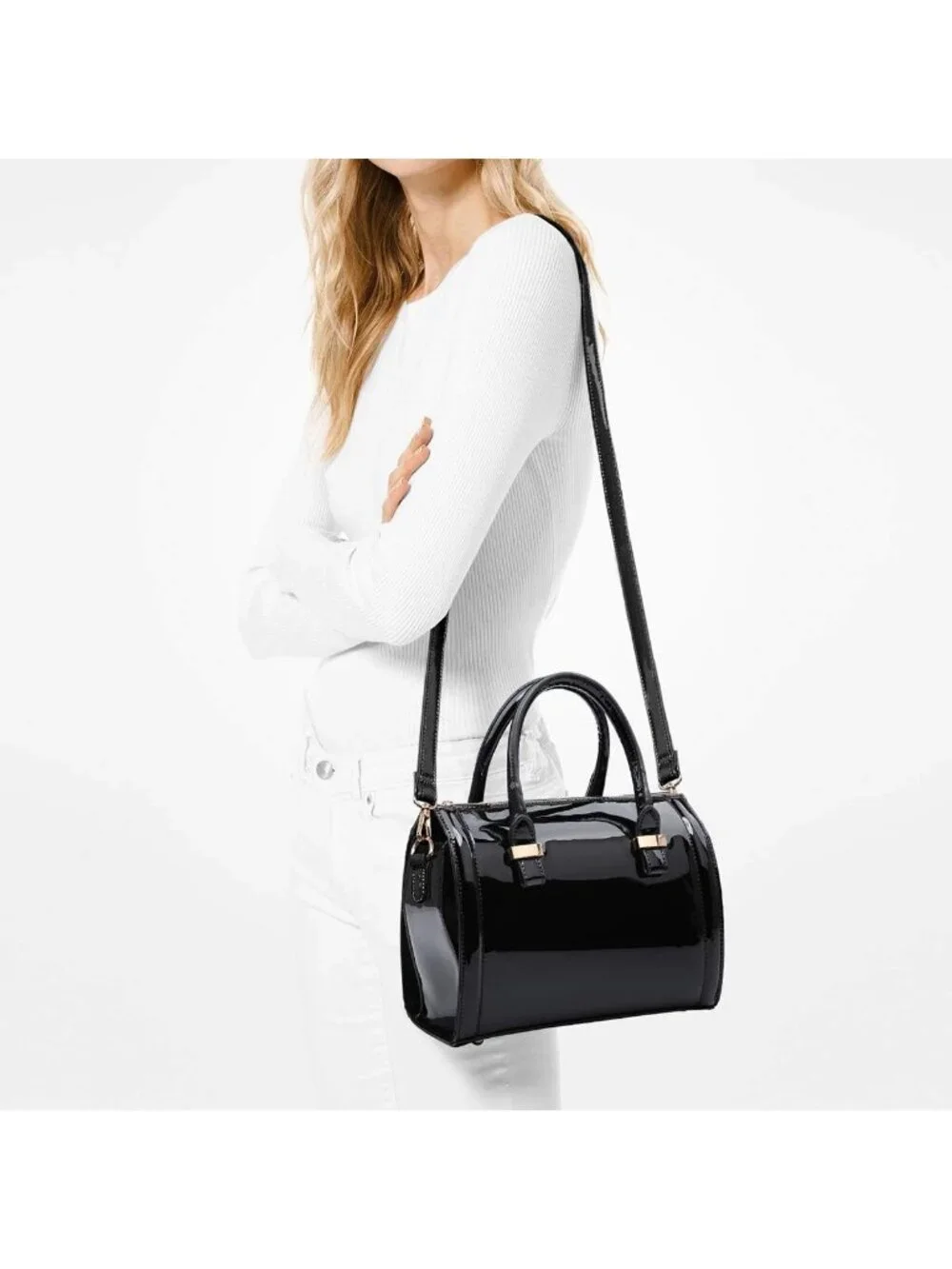 Chic Shiny Patent Faux Leather Barrel Handbag & Shoulder Purse for Women